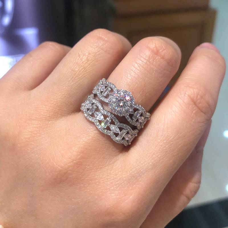S925银镀白金主副套戒叠戴Women's Ring定制选款主石Moissanite0.5ct/副石高碳钻